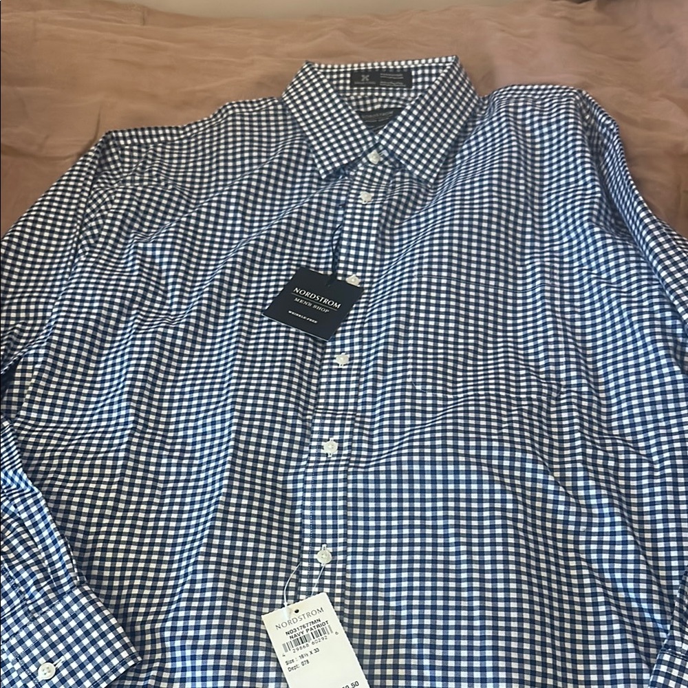 Men's 16 1/2 Nordstrom’s Men’s Shop Blue Gingham Button-Down Wrinkle Free  Shirt